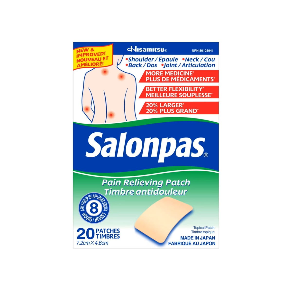 Product label for Salonpas Pain Relief Patches 7.2cm x 4.6cm (20 patches)