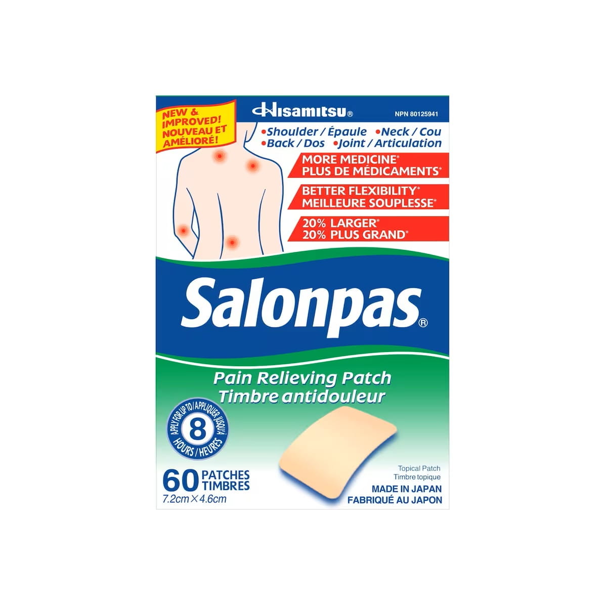 Product label for Salonpas Pain Relief Patches 7.2cm x 4.6cm (60 patches)