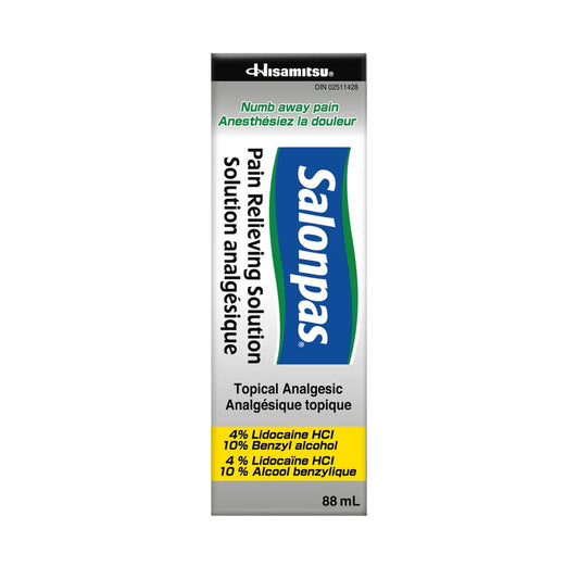 Product label for Salonpas Pain Relief Solution (88 mL) 