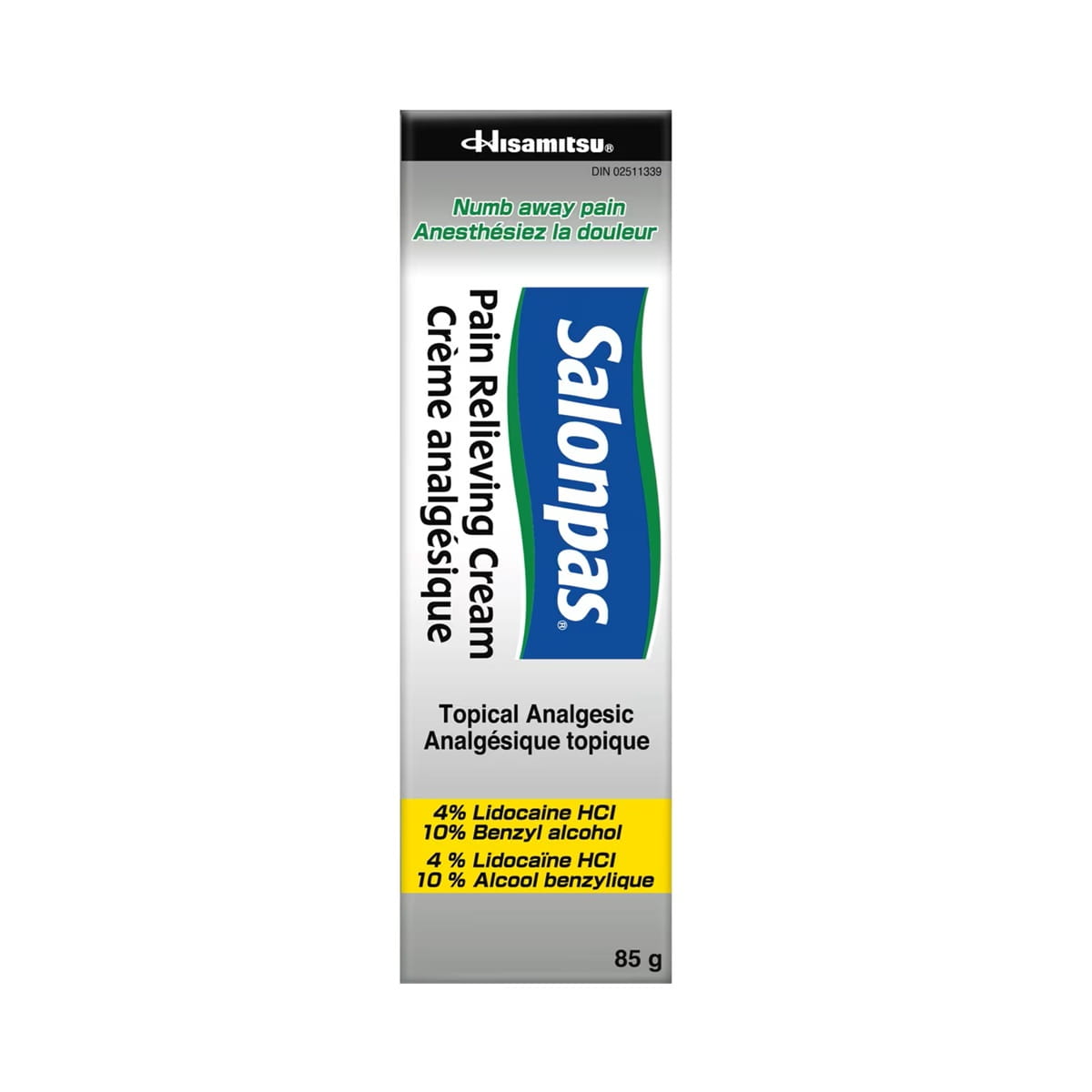 Product label for Salonpas Pain Relieving Cream (85 grams)