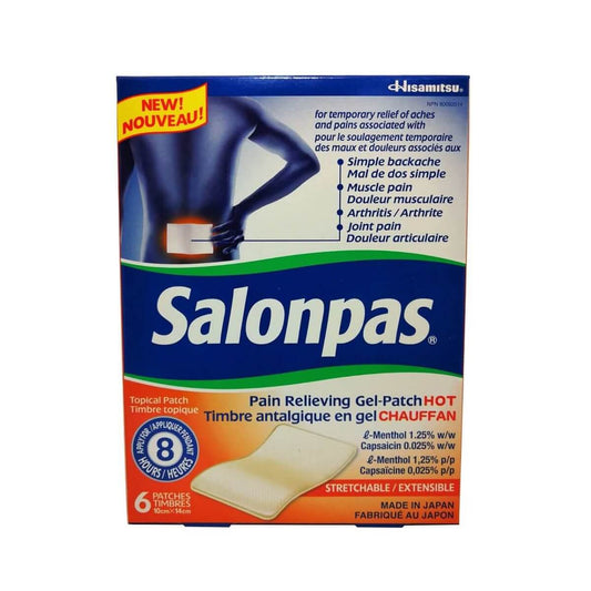 Product label for Salonpas Pain Relieving Gel Patch Hot