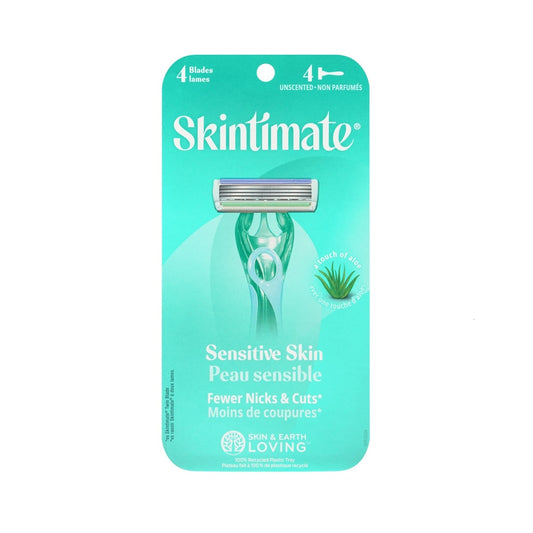 Product label for Schick Skintimate Sensitive Skin 4-Blade Disposable Razors (4 count)