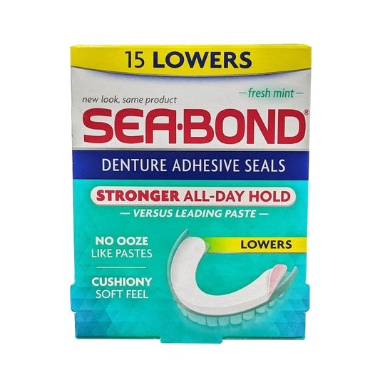 Product label for Sea Bond Denture Adhesive Seals Lowers Fresh Mint (15 count) in English
