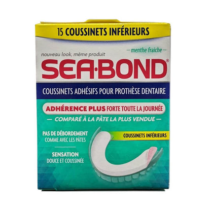 Product label for Sea Bond Denture Adhesive Seals Lowers Fresh Mint (15 count) in French