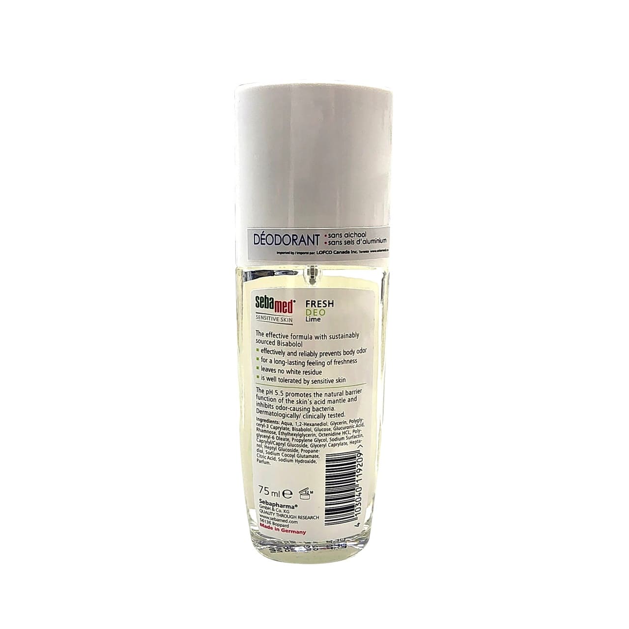 Description and ingredients for Sebamed 48-Hour Care Spray Deodorant Lime Scent