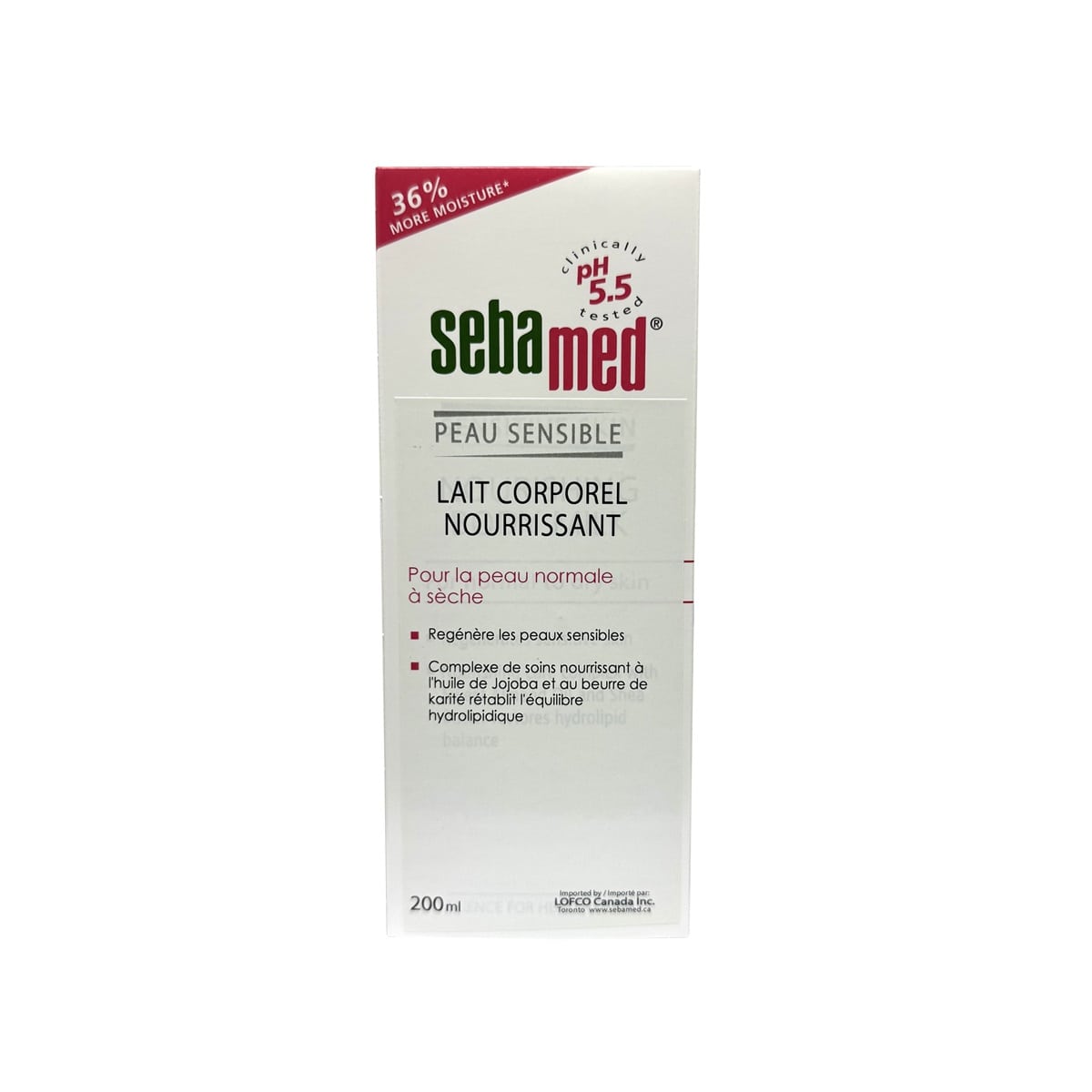 Product label for Sebamed Body-Milk (200 mL) in French