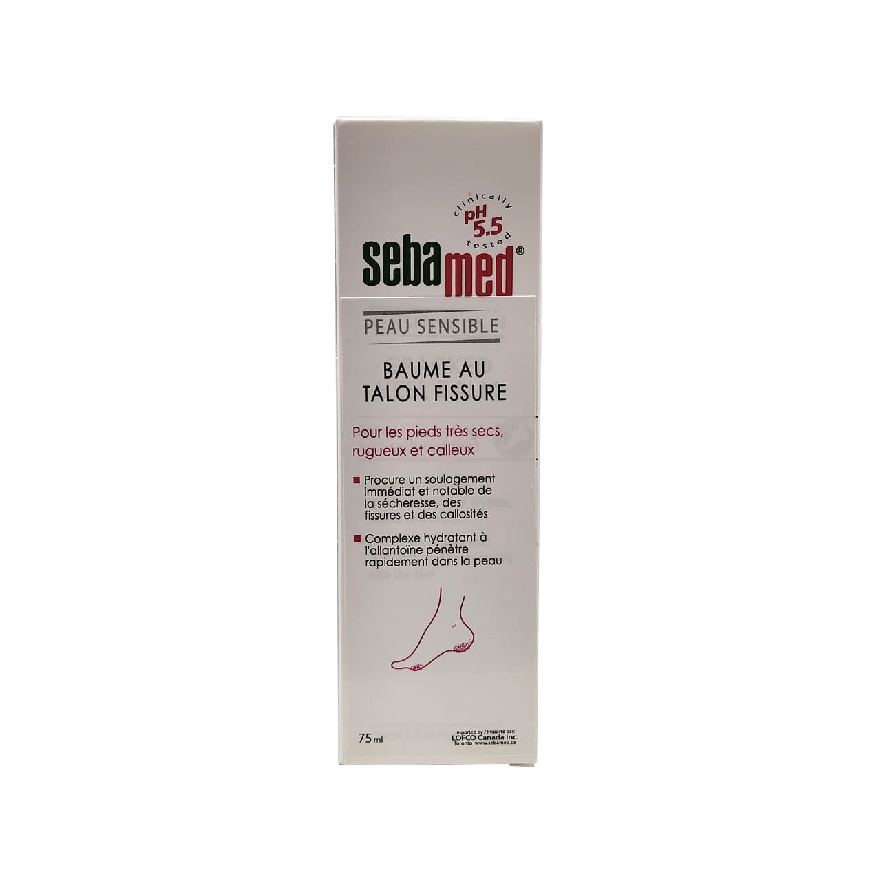 Product label for Sebamed Cracked Heel Balm (75 mL) in French
