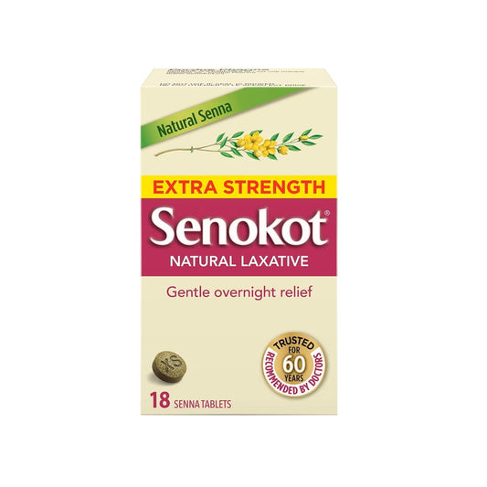 Product label for Senokot Extra Strength Natural Laxative Tablets (18 tablets) in English