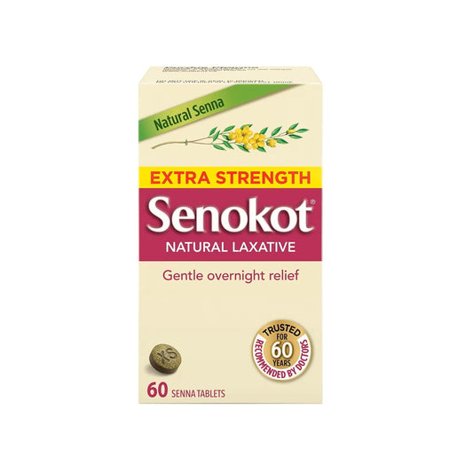 Product label for Senokot Extra Strength Natural Laxative Tablets (60 tablets) in English