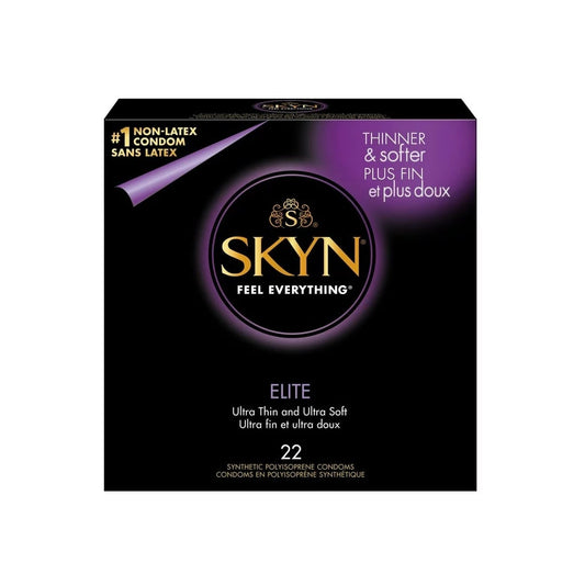 Product label for Skyn Elite Ultra Thin and Ultra Soft Latex Free Condoms (22 count)