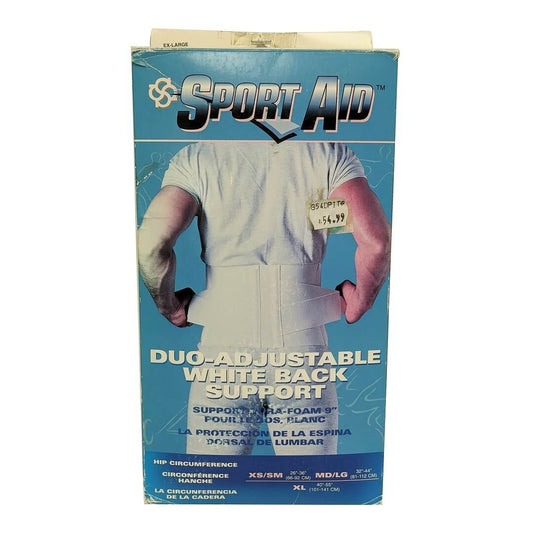 Product label for Sport-Aid Duo-Adjustable White Back Support (X-Large)