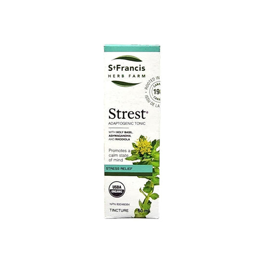Product label for St. Francis Strest Adaptogenic Tonic for Stress Relief (50 mL) in English