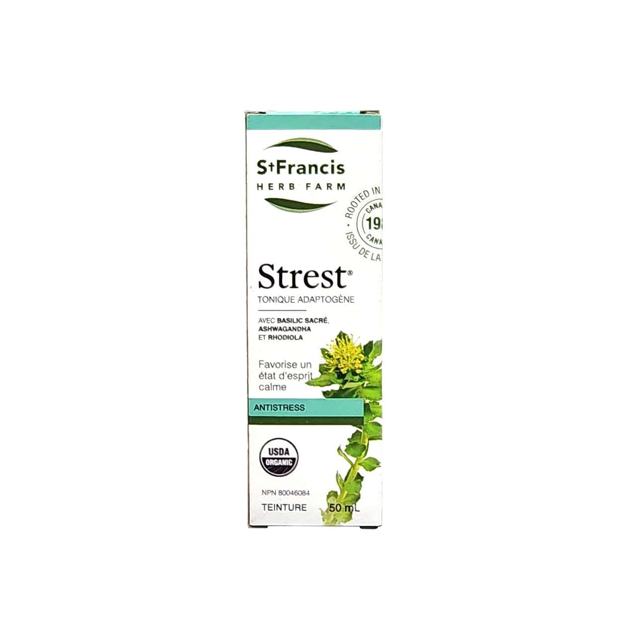 Product label for St. Francis Strest Adaptogenic Tonic for Stress Relief (50 mL) in French