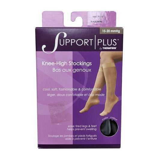 Product label for Support Plus by Therafirm 15-20 mmHg - Knee High Stockings / Black (small)