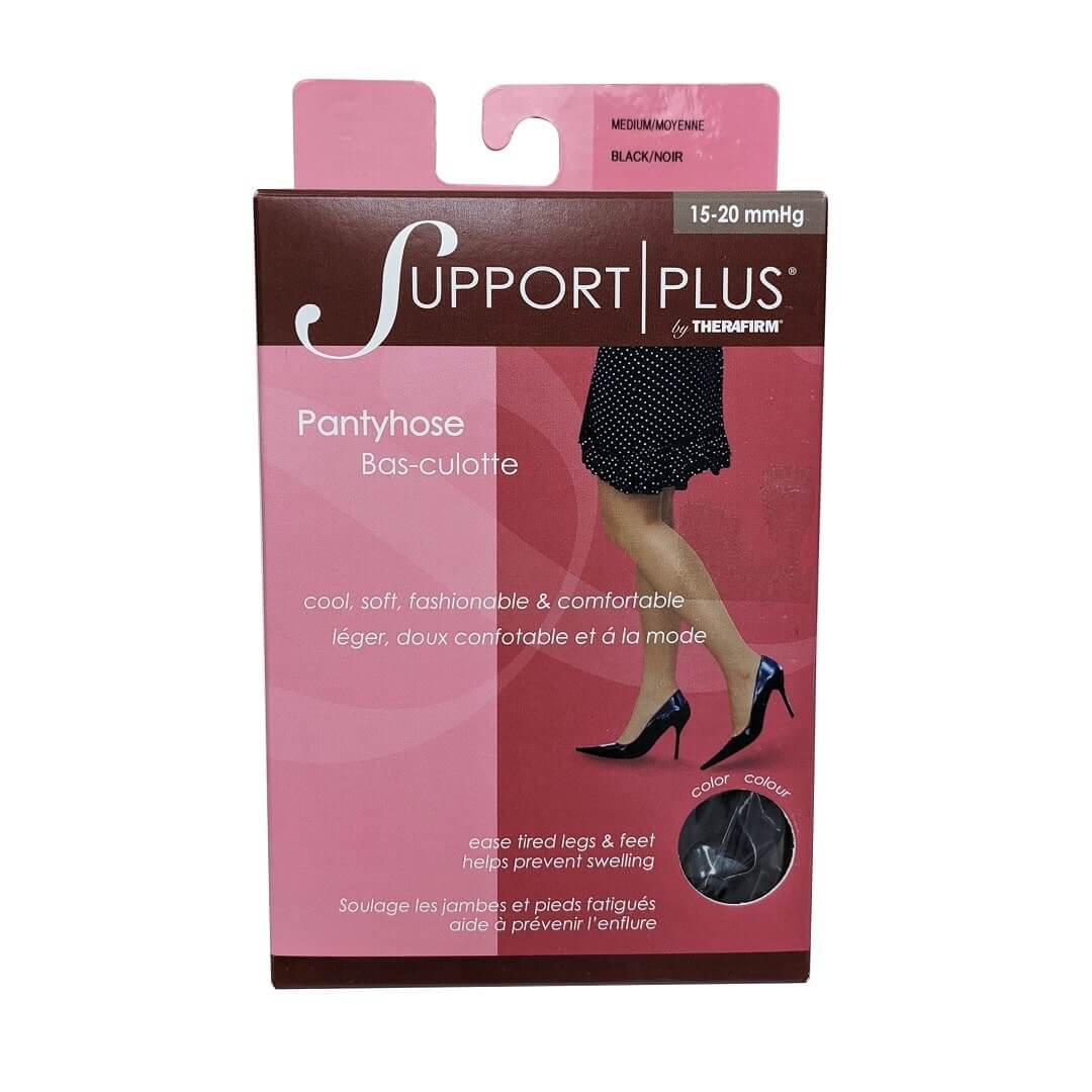 Product label for Support Plus by Therafirm 15-20 mmHg - Pantyhose / Black - Medium