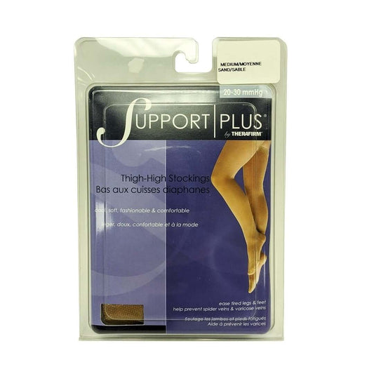 Product label for Support Plus by Therafirm 20-30 mmHg - Thigh High Stockings / Sand (medium)
