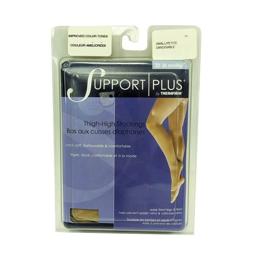 Product label for Support Plus by Therafirm 20-30 mmHg - Thigh High Stockings / Sand (small)