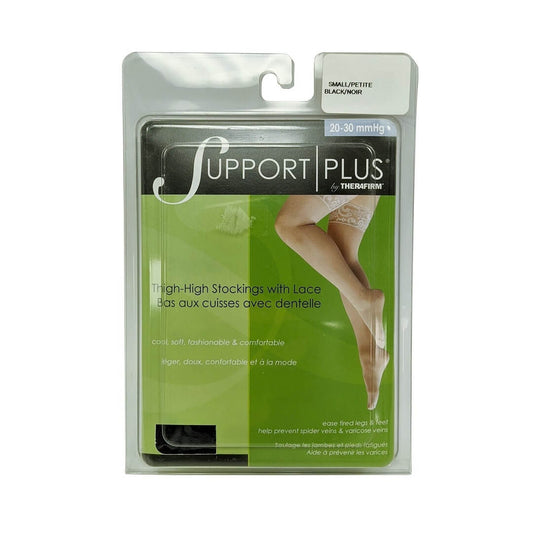 Product label for Support Plus by Therafirm 20-30 mmHg - Thigh High Stockings with Lace Top / Black (small)