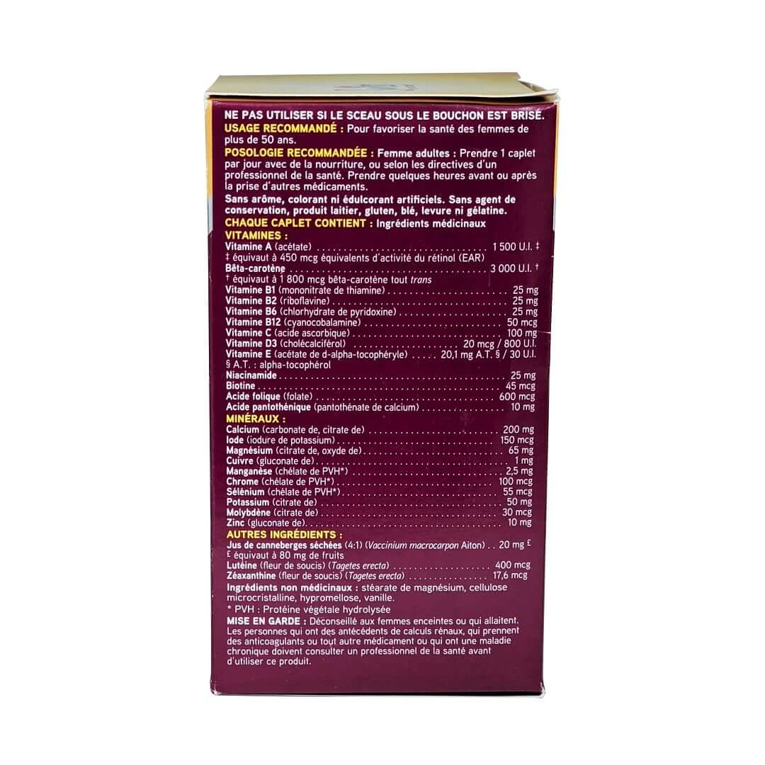 Uses, dose, ingredients, and warnings for Swiss Natural Total ONE Multi Vitamin & Mineral for Women 50+ (90 caplets) in French