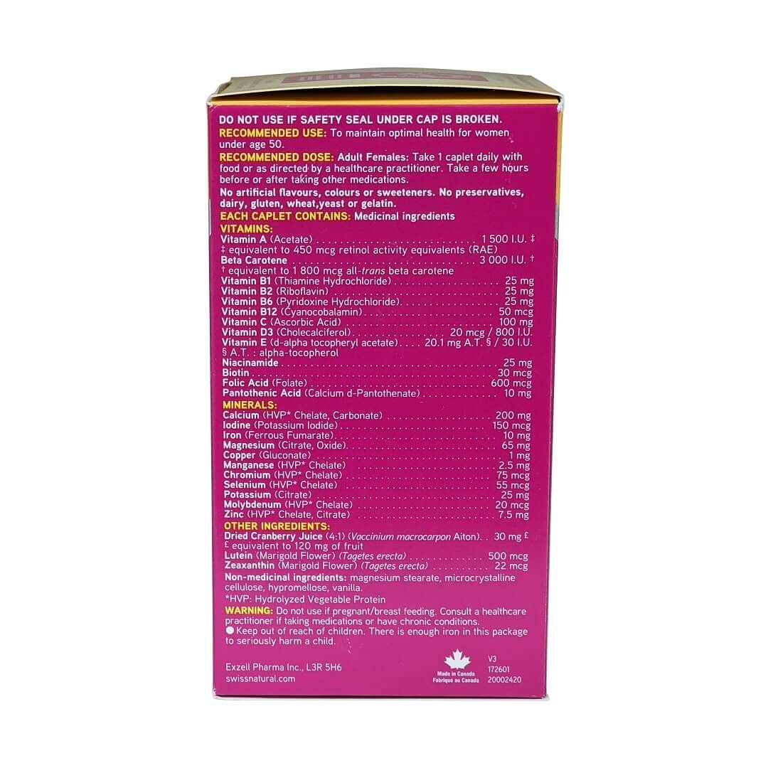 Use, dose, ingredients, and warnings for Swiss Natural Total ONE Multi Vitamin & Mineral for Women (90 caplets) in English