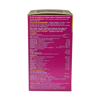 Use, dose, ingredients, and warnings for Swiss Natural Total ONE Multi Vitamin & Mineral for Women (90 caplets) in French