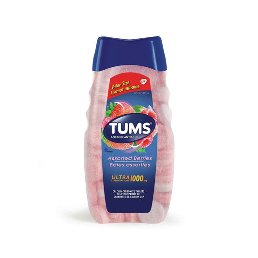 Product label for Tums Ultra Strength Antacid 1000mg Assorted Berry Flavours (72 chewable tablets)