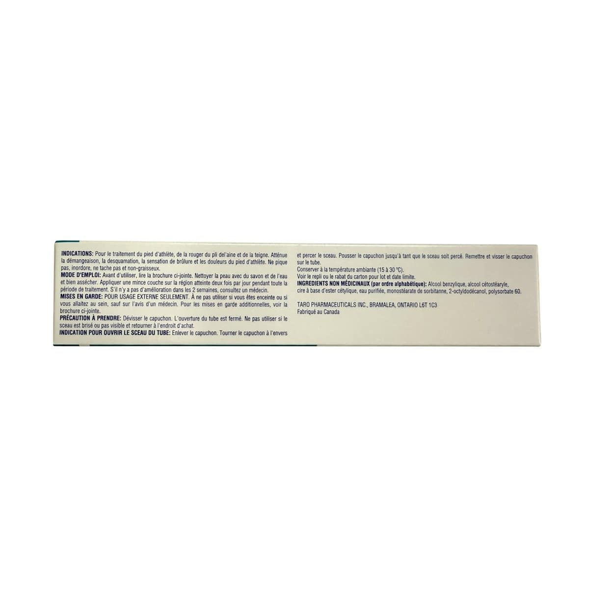 Indications, directions, warnings, ingredients for Taro Clotrimaderm Clotrimazole Cream USP 1% Antifungal Agent (30 grams) in French