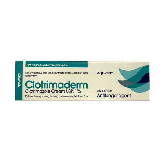 Product label for Taro Clotrimaderm Clotrimazole Cream USP 1% Antifungal Agent (30 grams) in English