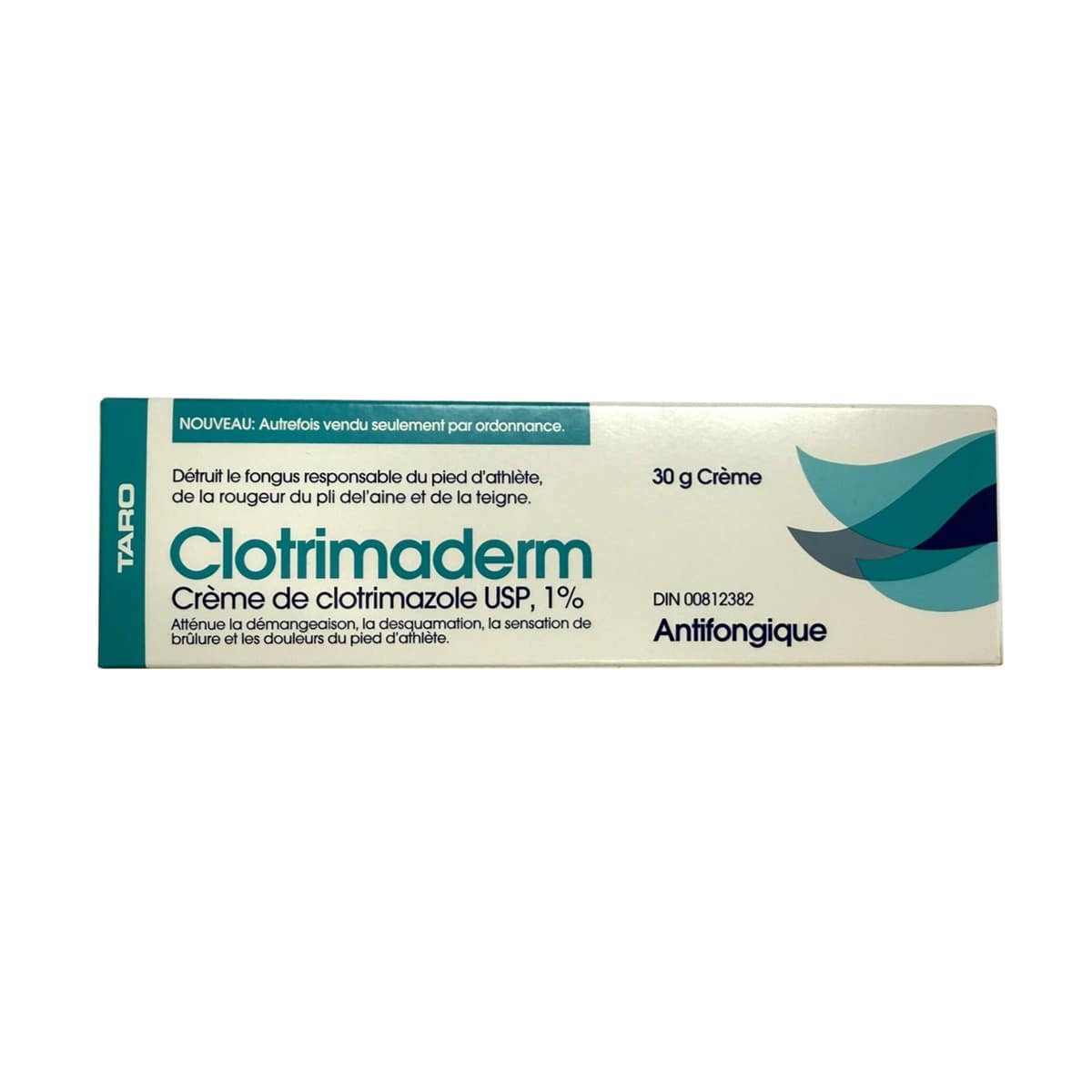 Product label for Taro Clotrimaderm Clotrimazole Cream USP 1% Antifungal Agent (30 grams) in French