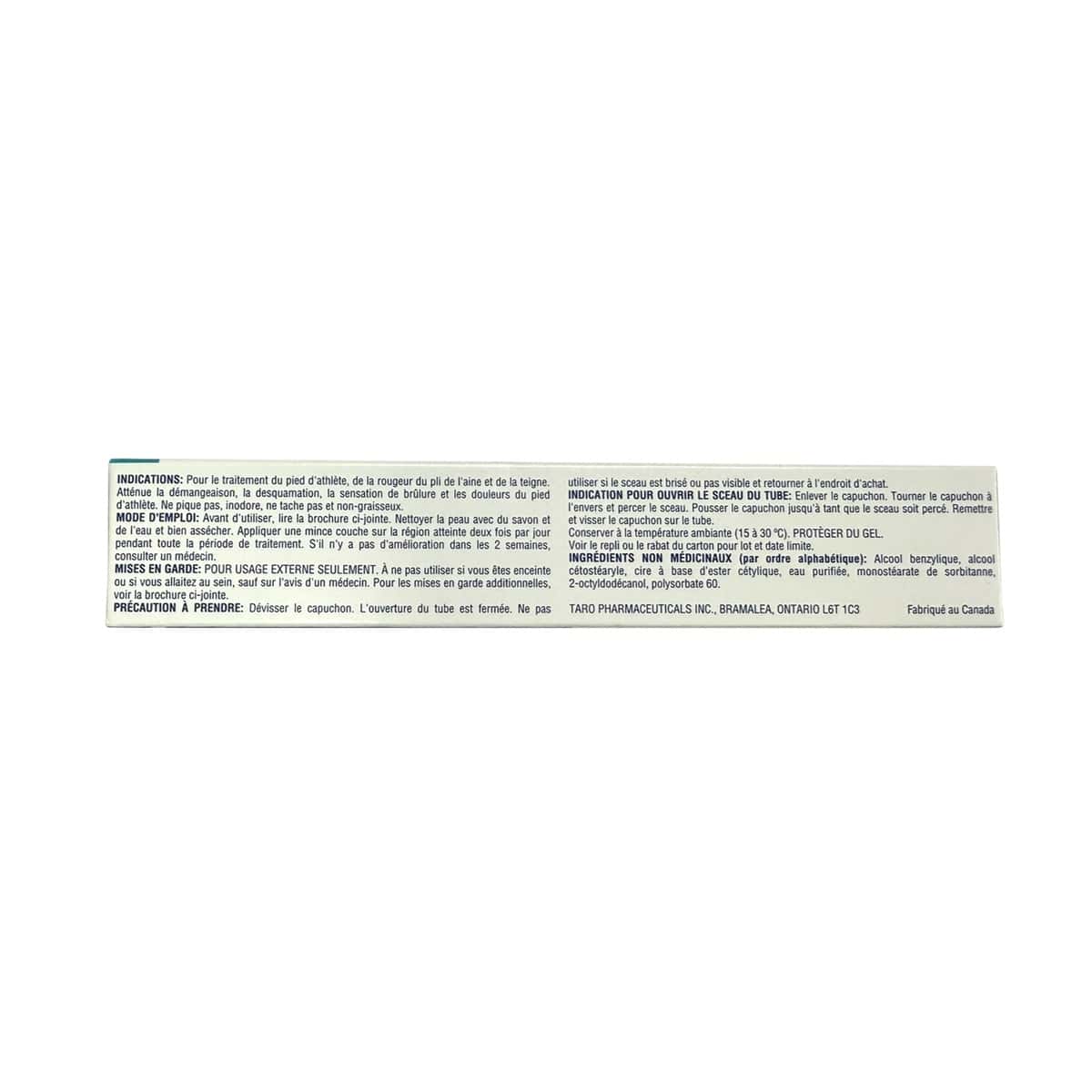 Indications, directions, warnings, ingredients for Taro Clotrimaderm Clotrimazole Cream USP 1% Antifungal Agent (50 grams) in French