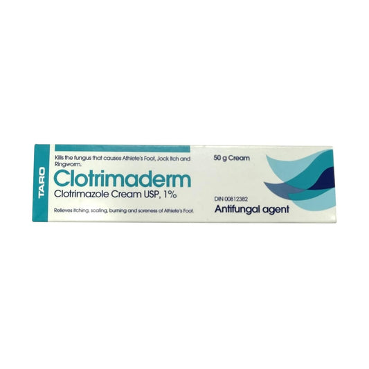 Product label for Taro Clotrimaderm Clotrimazole Cream USP 1% Antifungal Agent (50 grams) in English