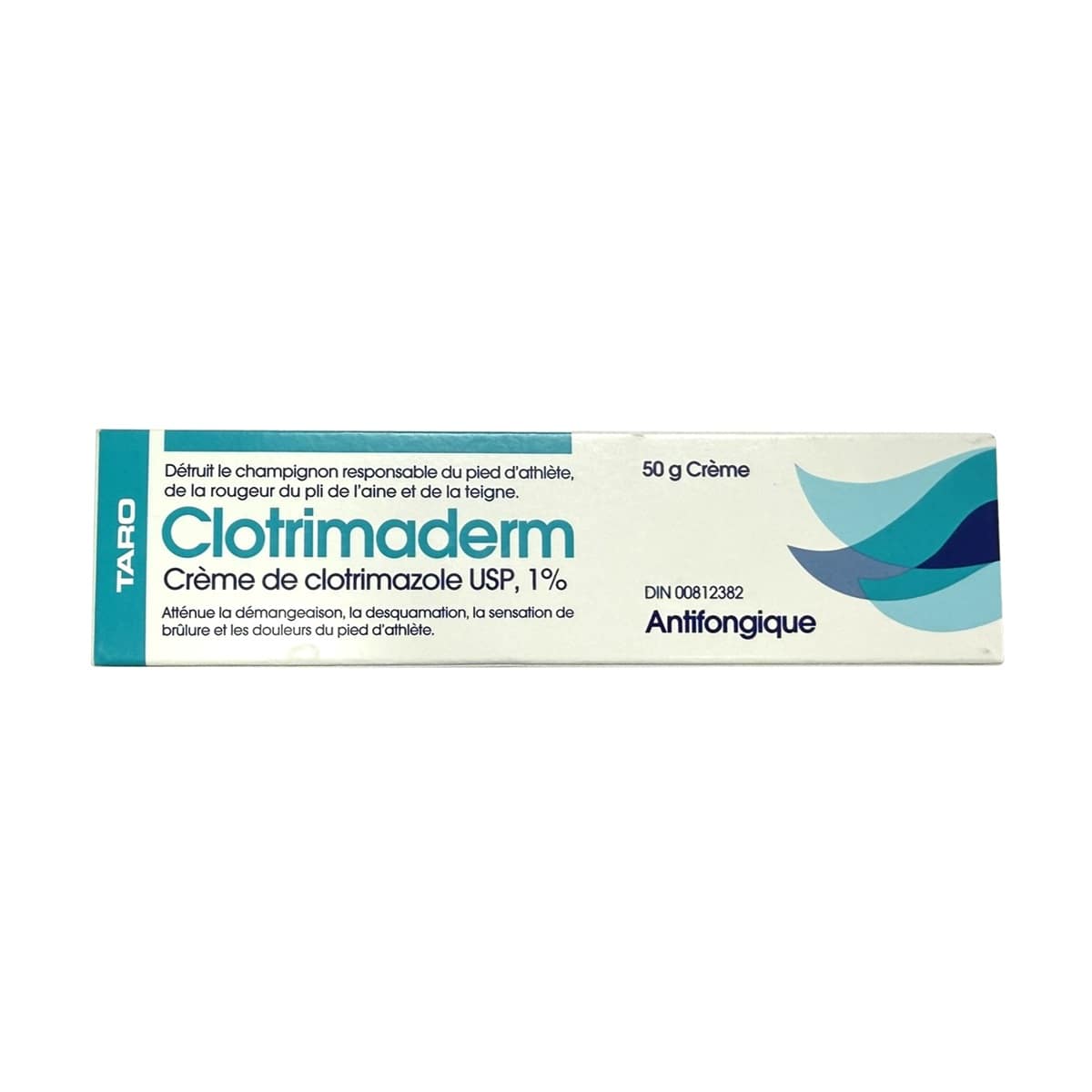 Product label for Taro Clotrimaderm Clotrimazole Cream USP 1% Antifungal Agent (50 grams) in French