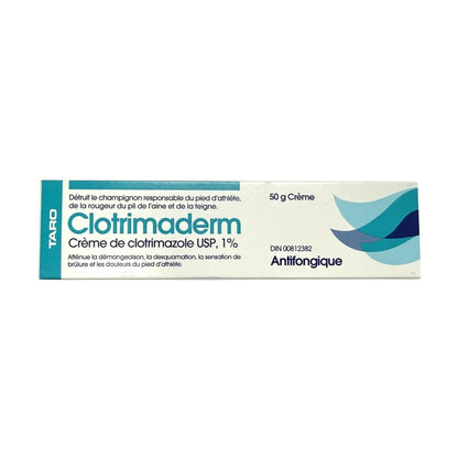 Product label for Taro Clotrimaderm Clotrimazole Cream USP 1% Antifungal Agent (50 grams) in French