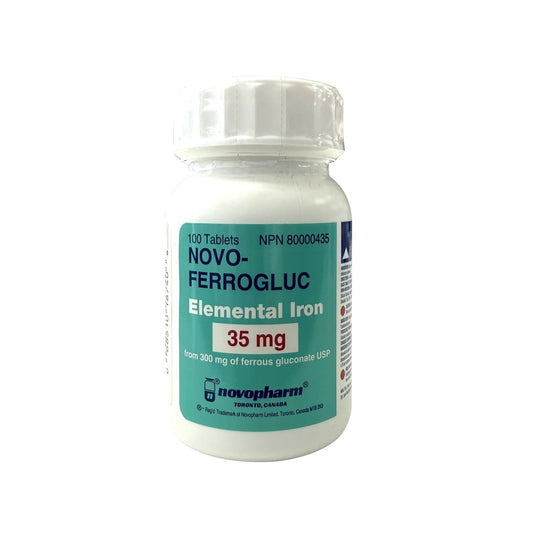 Product label for Novo Ferrogluc Ferrous Gluconate 300 mg (100 tablets) in English