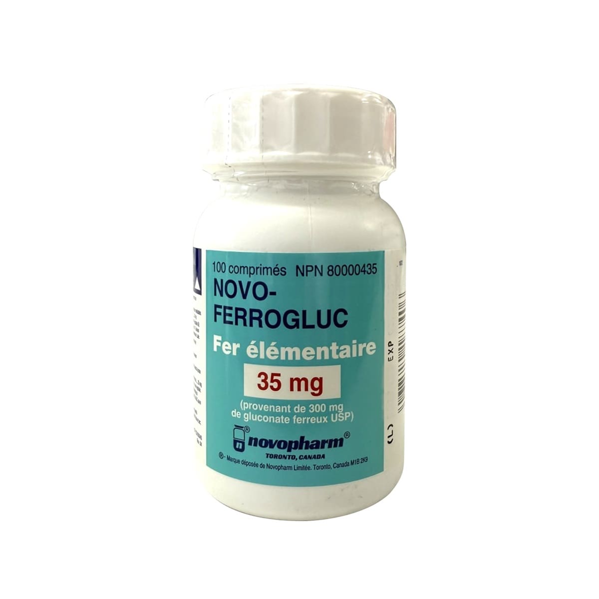 Product label for Novo Ferrogluc Ferrous Gluconate 300 mg (100 tablets) in French