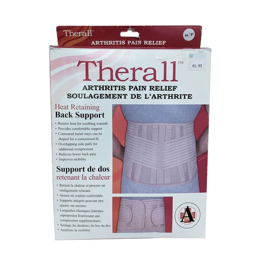 Product label for Therall Arthritis Pain Relief Heat Retaining Back Support (Small)