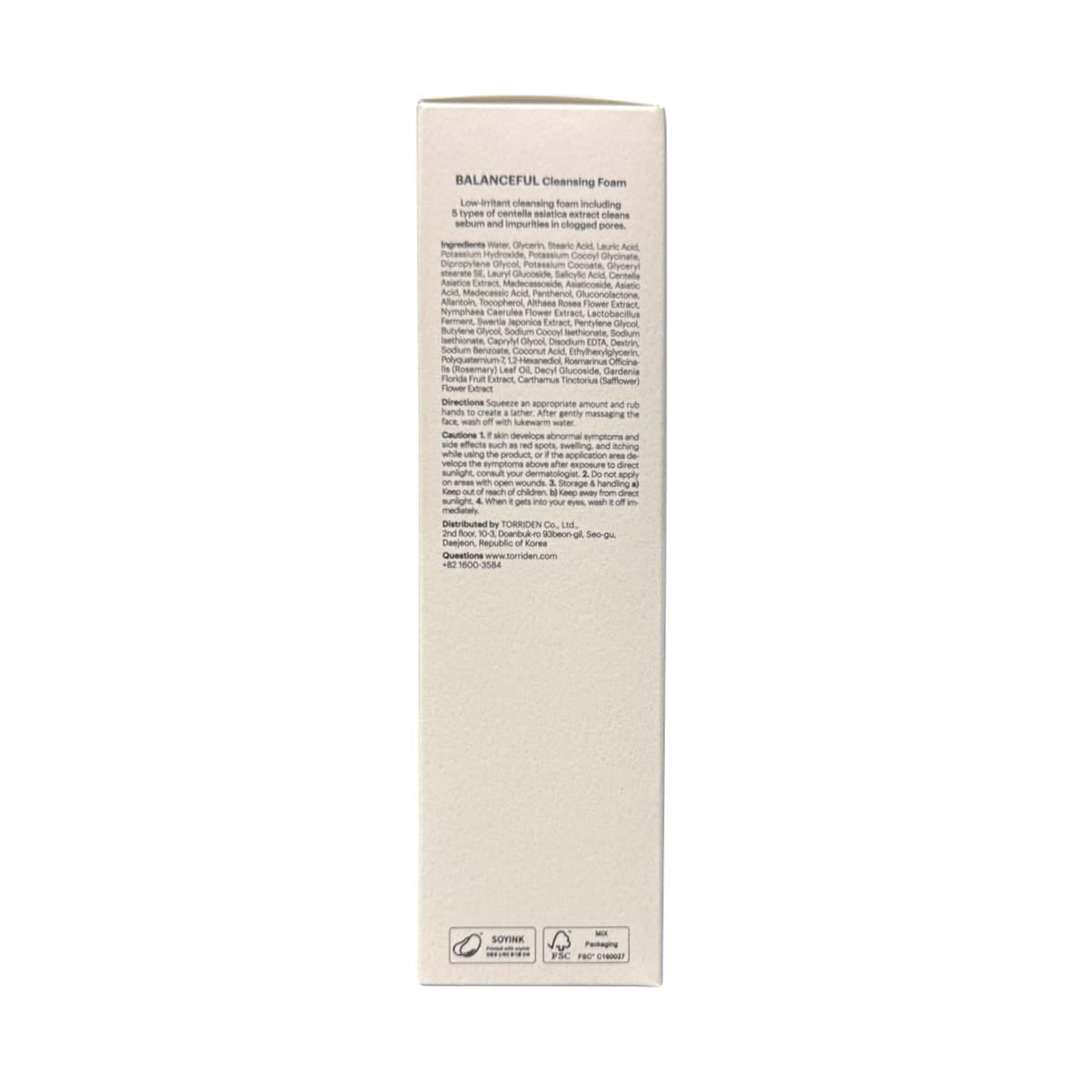 Ingredients, directions, cautions for Torriden Balanceful Cica Pore Cleansing Foam (150 mL)