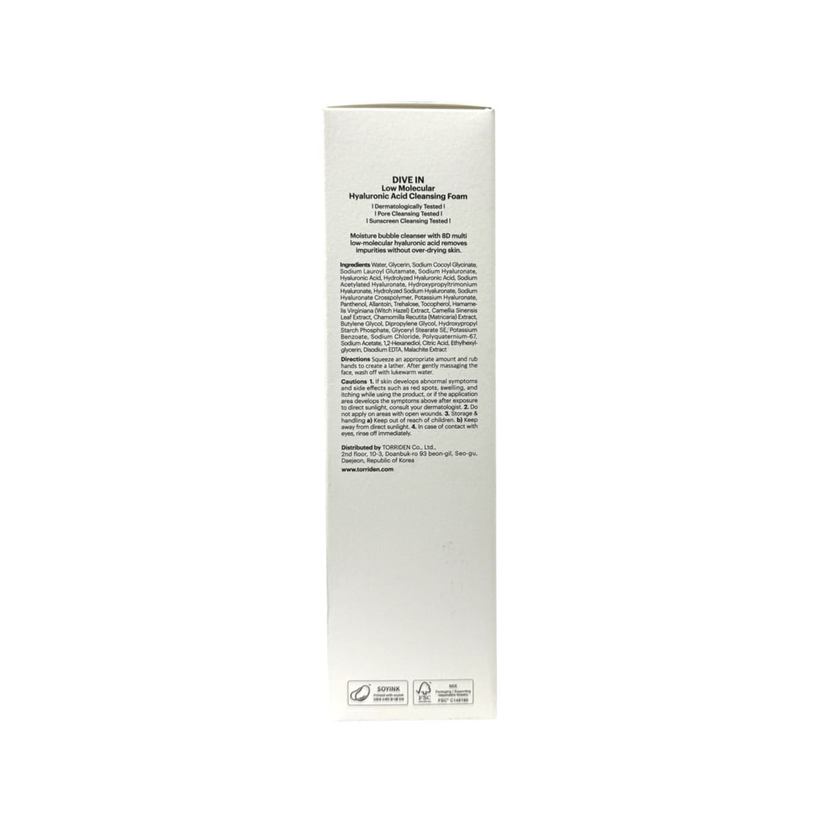 Ingredients, directions, cautions for Torriden Dive-In Low Molecular Hyaluronic Acid Cleansing Foam (150 mL) in English