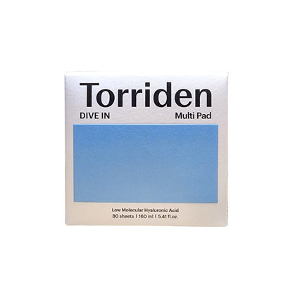 Product label for Torriden Dive-In Low Molecular Hyaluronic Acid Multi Pad (80 count)