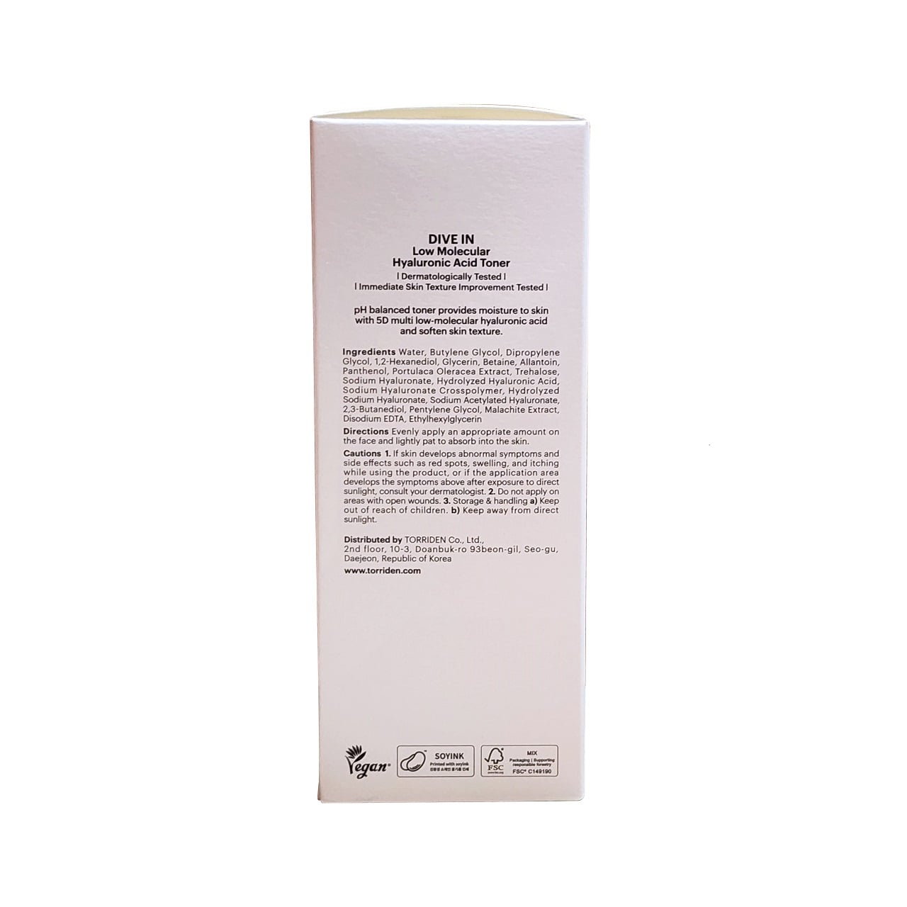 Ingredients, Directions, Cautions for Torriden Dive-In Molecular Hyaluronic Acid Toner (300 mL) in English