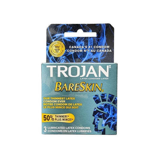 Product label for Trojan Bareskin Lubricated Latex Condoms (3 count)