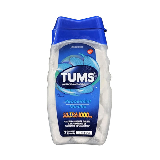 Product label for Tums Ultra Strength Antacid Tablets 1000mg for Heartburn Relief (Peppermint Flavour) (72 chewable tablets)