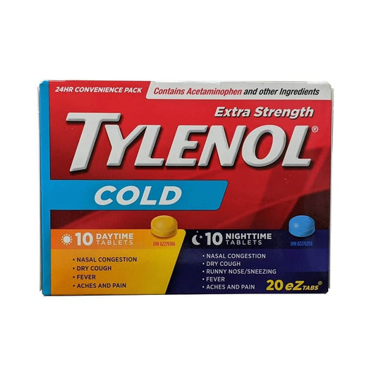 Product label for Tylenol Cold Extra Strength Daytime and Nighttime (20 eZ Tablets) in English