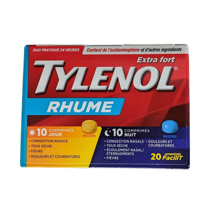 Product label for Tylenol Cold Extra Strength Daytime and Nighttime (20 eZ Tablets) in French