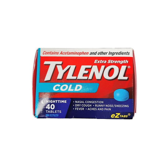Product label for Tylenol Extra Strength Cold Nighttime (40 eZ Tablets) in English