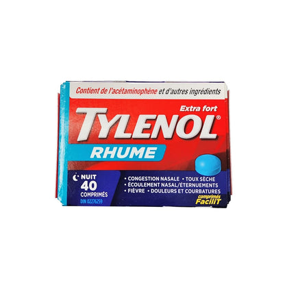 Product label for Tylenol Extra Strength Cold Nighttime (40 eZ Tablets) in French