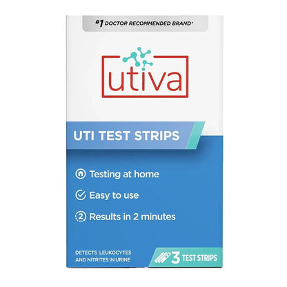 Product label for UTIVA UTI Test Strips (3 count) in English