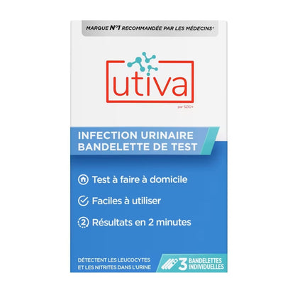 Product label for UTIVA UTI Test Strips (3 count) in French