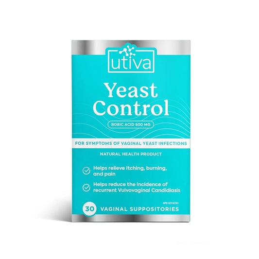 Product label for UTIVA Yeast Control Vaginal Suppositories (30 count) in English