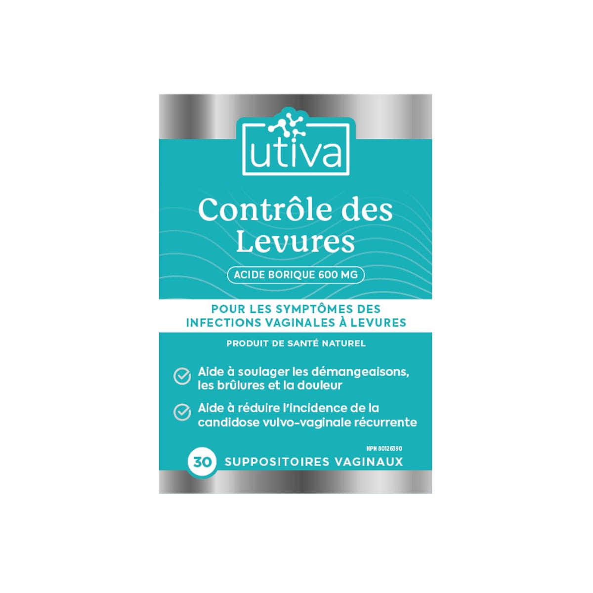 Product label for UTIVA Yeast Control Vaginal Suppositories (30 count) in French